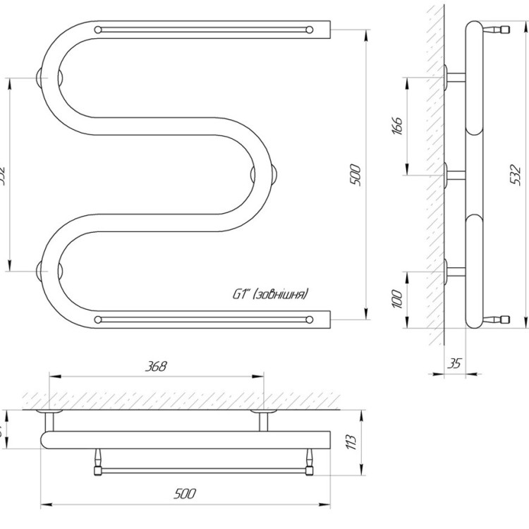 Полотенцесушитель водяной LARIS Змеевик 32 РС3 500 х 500 1'' с 2 полочками - Основные контакты 04