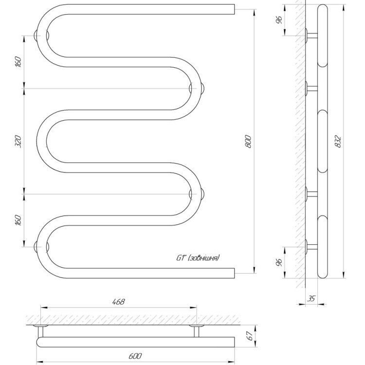 Водяна рушникосушарка LARIS Змійовик 32 РС5 600 х 800 1'' - Основні контакти 04