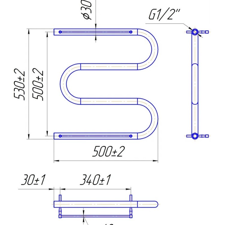 Рушникосушарка водяна MARIO Змійка ∅30 530х500/5000 х 500 з полицею - Основні контакти 02